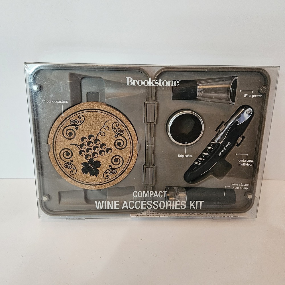 Brookstone Compact Wine Accessories 9PCS With CASE SEALED Corkscrew Coasters